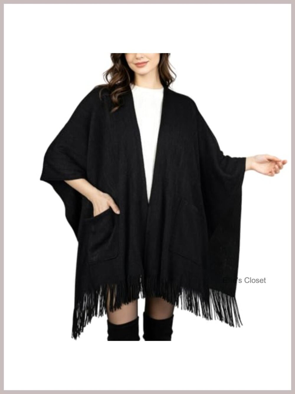 Open Front Knit Shawl Wrap Poncho with Tassels One Size
